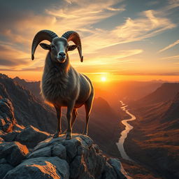 A highly detailed and realistic image of a powerful ram standing majestically on a rocky mountain ledge with a panoramic view of a valley below