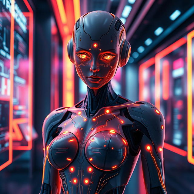 A sultry AI figure with a futuristic design, featuring glowing circuit patterns across its skin, standing confidently in a sleek, high-tech environment