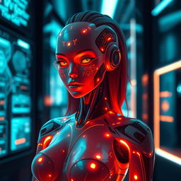 A sultry AI figure with a futuristic design, featuring glowing circuit patterns across its skin, standing confidently in a sleek, high-tech environment