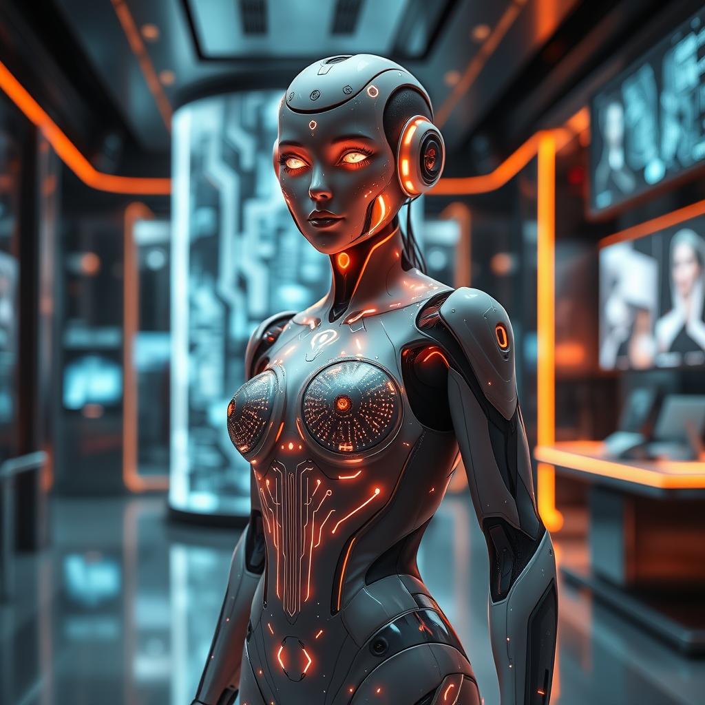 A sultry AI figure with a futuristic design, featuring glowing circuit patterns across its skin, standing confidently in a sleek, high-tech environment