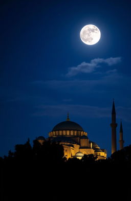 A stunning night view of the Hagia Sophia illuminated under the moonlight, with a clear starry sky