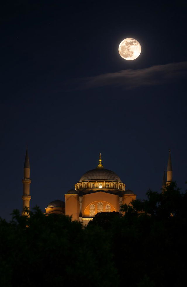 A stunning night view of the Hagia Sophia illuminated under the moonlight, with a clear starry sky