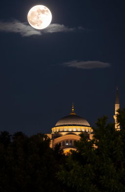 A stunning night view of the Hagia Sophia illuminated under the moonlight, with a clear starry sky