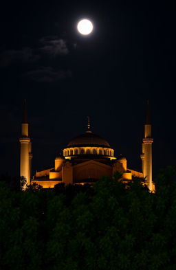 A stunning night view of the Hagia Sophia illuminated under the moonlight, with a clear starry sky