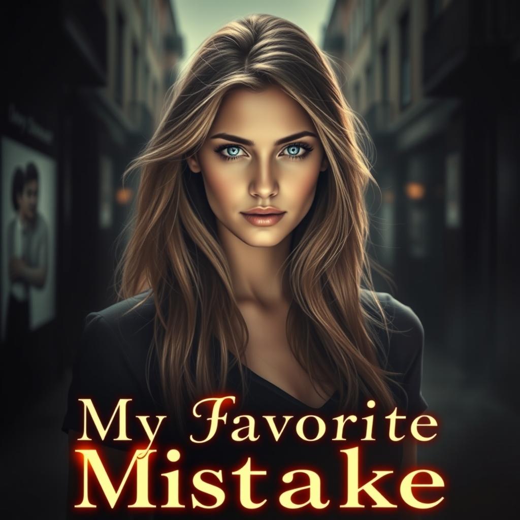 A captivating book cover for 'My Favorite Mistake', featuring a young woman with an expressive face, standing in a shadowy urban setting that conveys a sense of nostalgia and longing