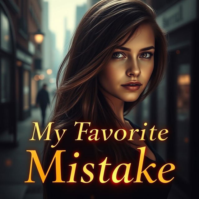 A captivating book cover for 'My Favorite Mistake', featuring a young woman with an expressive face, standing in a shadowy urban setting that conveys a sense of nostalgia and longing