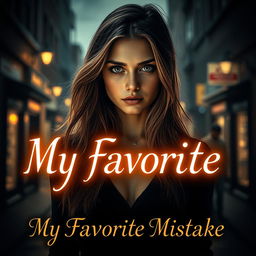 A captivating book cover for 'My Favorite Mistake', featuring a young woman with an expressive face, standing in a shadowy urban setting that conveys a sense of nostalgia and longing