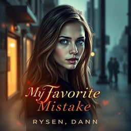 A captivating book cover for 'My Favorite Mistake', featuring a young woman with an expressive face, standing in a shadowy urban setting that conveys a sense of nostalgia and longing