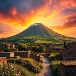 A vivid landscape depicting Mount Vesuvius prominently looming over the ancient ruins of Pompeii, bathed in a warm golden sunset
