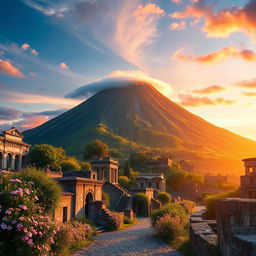 A vivid landscape depicting Mount Vesuvius prominently looming over the ancient ruins of Pompeii, bathed in a warm golden sunset