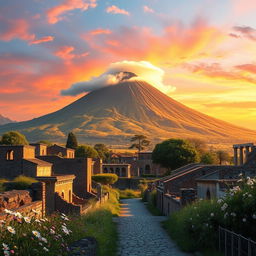A vivid landscape depicting Mount Vesuvius prominently looming over the ancient ruins of Pompeii, bathed in a warm golden sunset