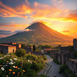 A vivid landscape depicting Mount Vesuvius prominently looming over the ancient ruins of Pompeii, bathed in a warm golden sunset