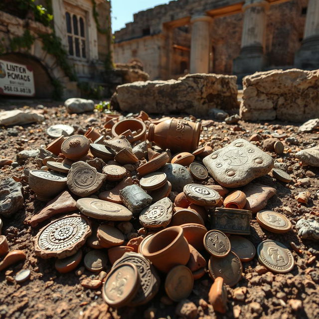 A detailed close-up view of Roman artifacts unearthed in the ancient ruins of Pompeii