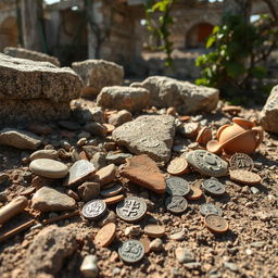 A detailed close-up view of Roman artifacts unearthed in the ancient ruins of Pompeii