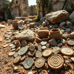 A detailed close-up view of Roman artifacts unearthed in the ancient ruins of Pompeii