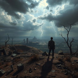 An eerie and desolate landscape of a post-apocalyptic world, featuring barren terrain and scattered remnants of old technology