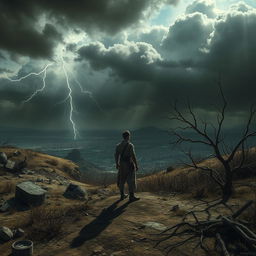 An eerie and desolate landscape of a post-apocalyptic world, featuring barren terrain and scattered remnants of old technology
