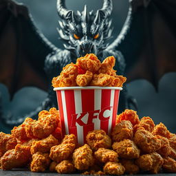 A bucket of crispy KFC fried chicken, overflowing with golden, juicy pieces, placed prominently in the foreground