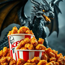 A bucket of crispy KFC fried chicken, overflowing with golden, juicy pieces, placed prominently in the foreground