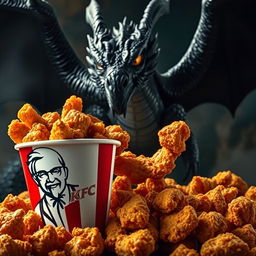 A bucket of crispy KFC fried chicken, overflowing with golden, juicy pieces, placed prominently in the foreground