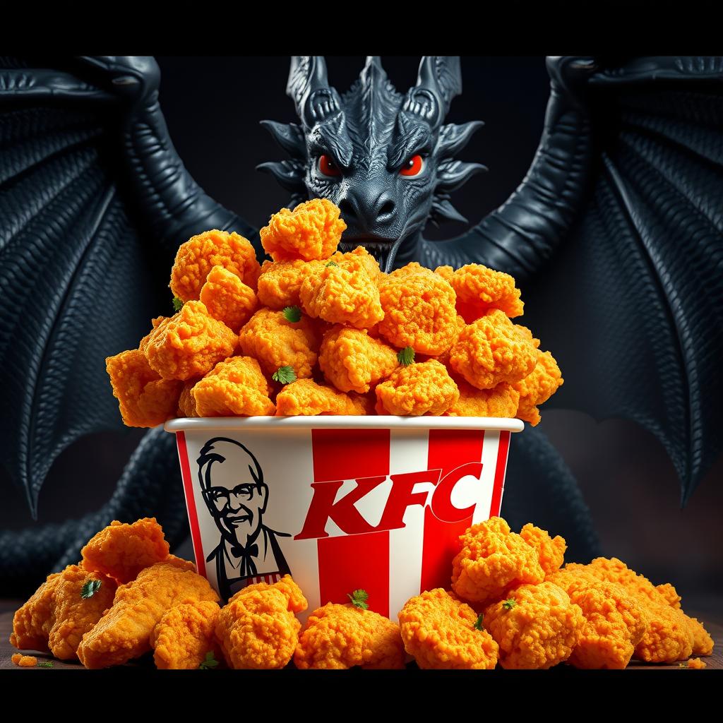 A large bucket of crispy, golden KFC fried chicken, with pieces stacked high and garnished with fresh herbs