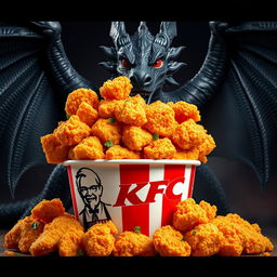 A large bucket of crispy, golden KFC fried chicken, with pieces stacked high and garnished with fresh herbs