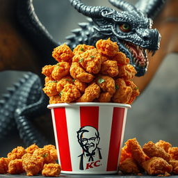 A large bucket of crispy, golden KFC fried chicken, with pieces stacked high and garnished with fresh herbs