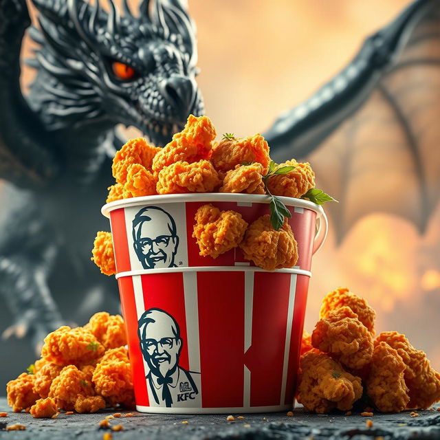 A large bucket of crispy, golden KFC fried chicken, with pieces stacked high and garnished with fresh herbs