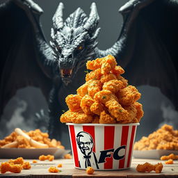 A large bucket of crispy, golden KFC fried chicken, with pieces stacked high and garnished with fresh herbs