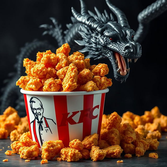 A bucket of crispy KFC fried chicken overflowing with golden-brown pieces, set against a dramatic background featuring a majestic black dragon