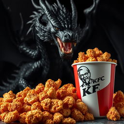 A bucket of crispy KFC fried chicken overflowing with golden-brown pieces, set against a dramatic background featuring a majestic black dragon