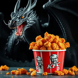 A bucket of crispy KFC fried chicken overflowing with golden-brown pieces, set against a dramatic background featuring a majestic black dragon