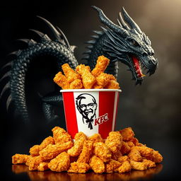 A bucket of crispy KFC fried chicken overflowing with golden-brown pieces, set against a dramatic background featuring a majestic black dragon