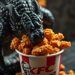 A bucket filled with crispy KFC fried chicken, showcasing succulent, golden-brown pieces, with a dramatic black dragon bending down to eat from the bucket