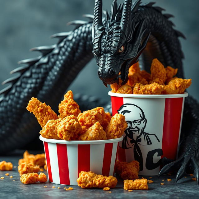 A bucket filled with crispy KFC fried chicken, showcasing succulent, golden-brown pieces, with a dramatic black dragon bending down to eat from the bucket