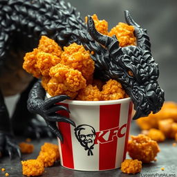 A bucket filled with crispy KFC fried chicken, showcasing succulent, golden-brown pieces, with a dramatic black dragon bending down to eat from the bucket
