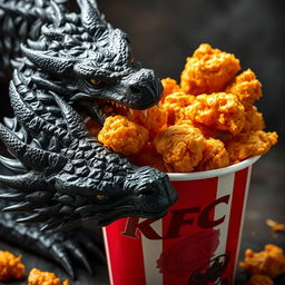 A bucket filled with crispy KFC fried chicken, showcasing succulent, golden-brown pieces, with a dramatic black dragon bending down to eat from the bucket