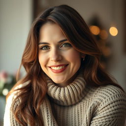A woman aged between 30 and 45, showcasing lovely chestnut brown hair and elegant European characteristics