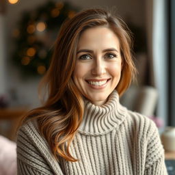 A woman aged between 30 and 45, showcasing lovely chestnut brown hair and elegant European characteristics