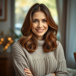 A woman aged between 30 and 45, showcasing lovely chestnut brown hair and elegant European characteristics