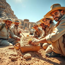 A scene depicting a team of archaeologists excavating an ancient site, wearing traditional khaki outfits and sun hats, surrounded by archaeological tools like trowels, brushes, and measuring tapes