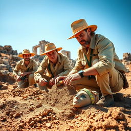 A scene depicting a team of archaeologists excavating an ancient site, wearing traditional khaki outfits and sun hats, surrounded by archaeological tools like trowels, brushes, and measuring tapes