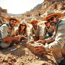 A scene depicting a team of archaeologists excavating an ancient site, wearing traditional khaki outfits and sun hats, surrounded by archaeological tools like trowels, brushes, and measuring tapes