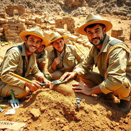 A scene depicting a team of archaeologists excavating an ancient site, wearing traditional khaki outfits and sun hats, surrounded by archaeological tools like trowels, brushes, and measuring tapes