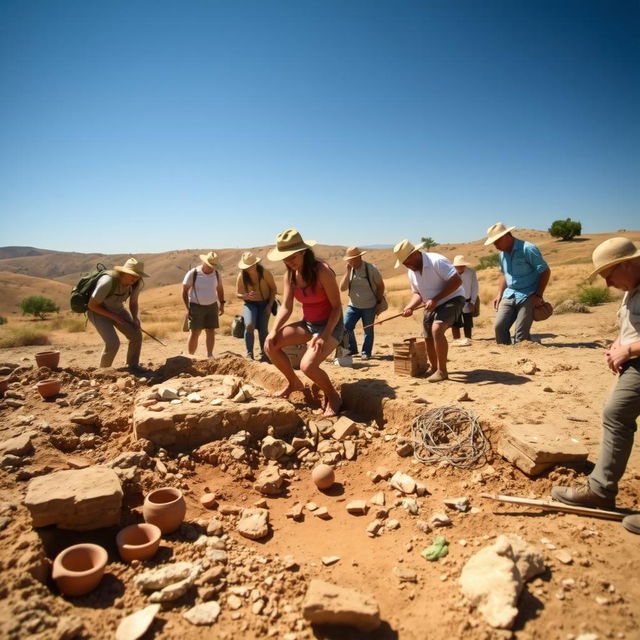 A team of archaeologists actively excavating an ancient site in a sunlit landscape
