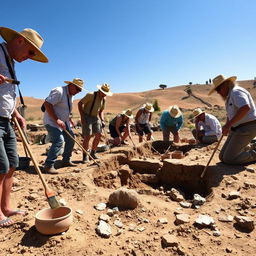 A team of archaeologists actively excavating an ancient site in a sunlit landscape