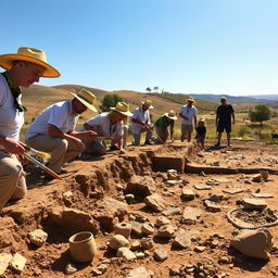 A team of archaeologists actively excavating an ancient site in a sunlit landscape