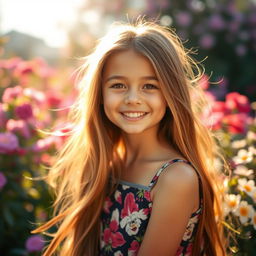 A stunning portrait of a girl with long flowing hair, sparkling eyes, and a warm smile