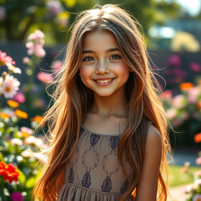 A stunning portrait of a girl with long flowing hair, sparkling eyes, and a warm smile