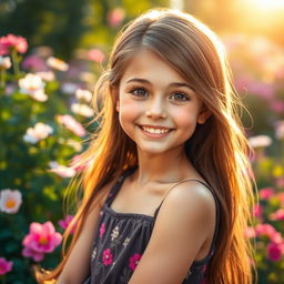 A stunning portrait of a girl with long flowing hair, sparkling eyes, and a warm smile